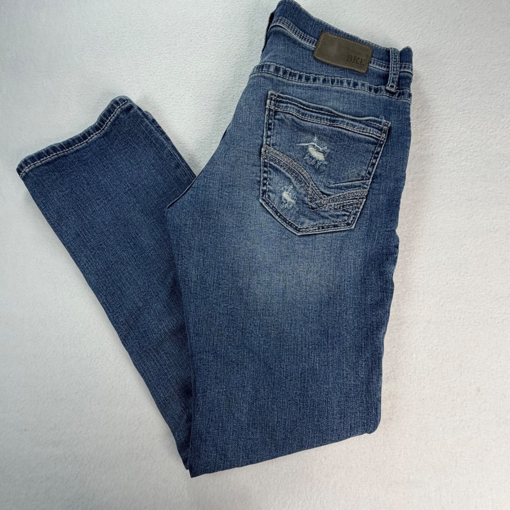 BKE Jake Straight Mens Distressed Medium Wash Denim Jeans 34x32 Blue Stretch